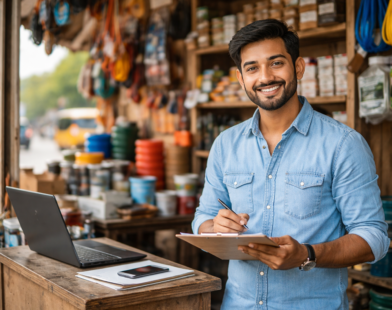 Smiling Indian small business owner standing in a roadside hardware shop with a clipboard and laptop, representing grassroots entrepreneurship in India.