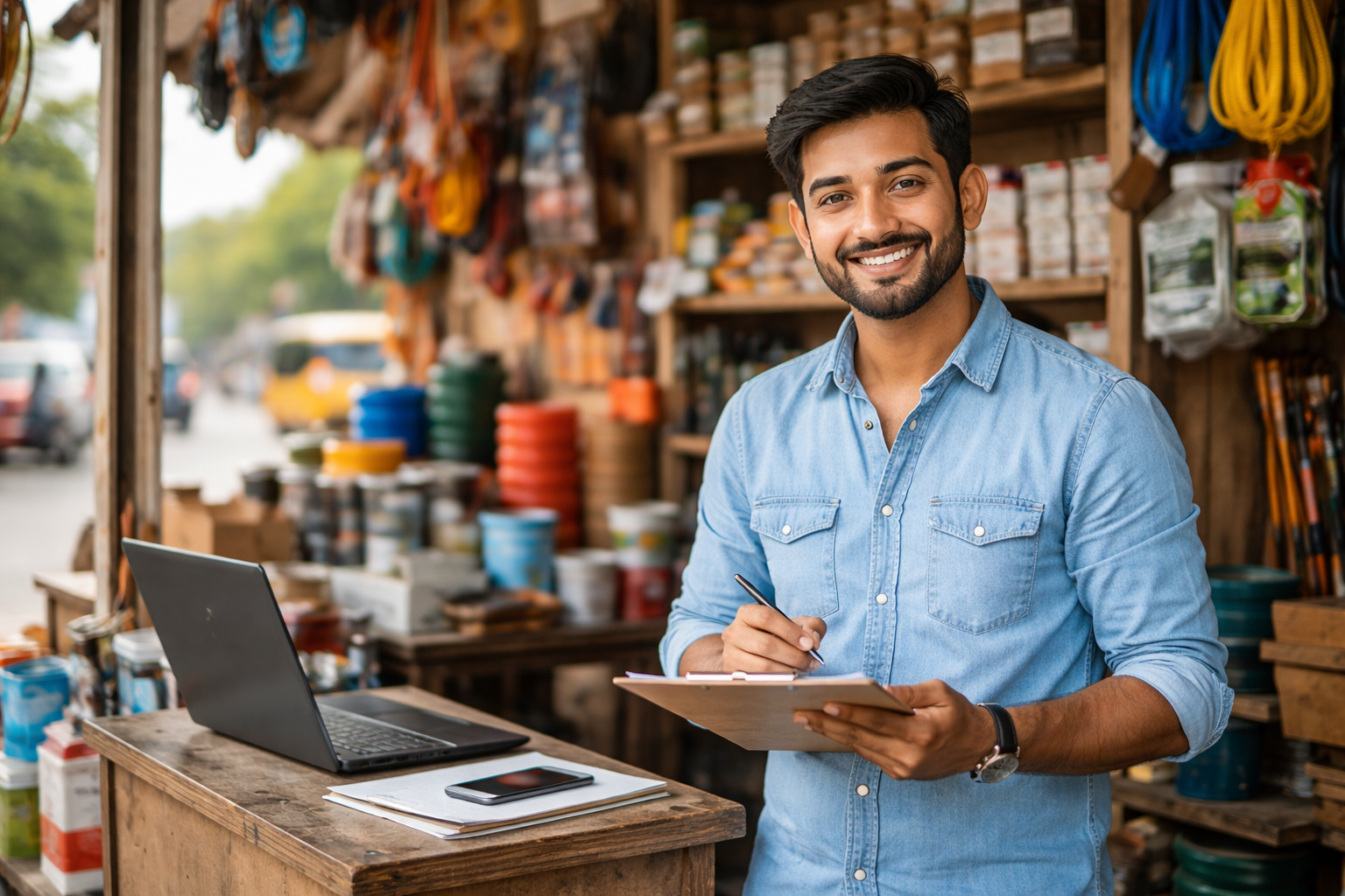 Smiling Indian small business owner standing in a roadside hardware shop with a clipboard and laptop, representing grassroots entrepreneurship in India.