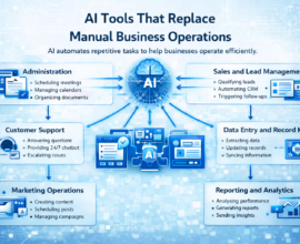 Guide-style infographic showing AI tools replacing manual business operations, including automation of admin tasks, sales processes, marketing workflows, customer support, data management, and reporting to improve efficiency.