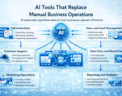 Guide-style infographic showing AI tools replacing manual business operations, including automation of admin tasks, sales processes, marketing workflows, customer support, data management, and reporting to improve efficiency.