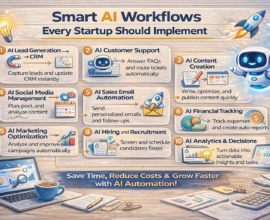 Smart AI workflows infographic for startups showing AI lead generation, customer support, content creation, sales automation, finance tracking, hiring, and analytics automation