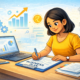 Illustration of a young entrepreneur working on a business plan at a desk with a laptop, growth charts, and symbols of government support.
