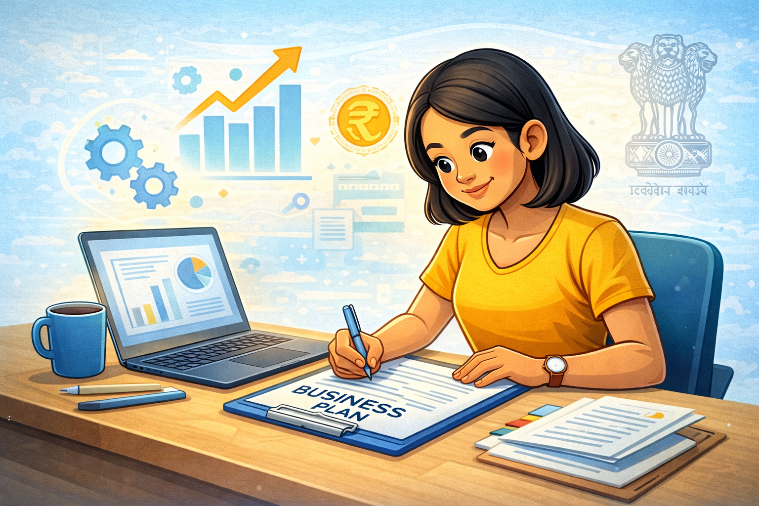 Illustration of a young entrepreneur working on a business plan at a desk with a laptop, growth charts, and symbols of government support.