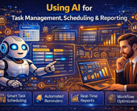 Guide-style infographic showing smart AI workflows for startups, including lead management, sales automation, customer support, marketing automation, reporting, and task management to improve efficiency.
