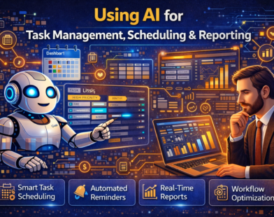 Guide-style infographic showing smart AI workflows for startups, including lead management, sales automation, customer support, marketing automation, reporting, and task management to improve efficiency.