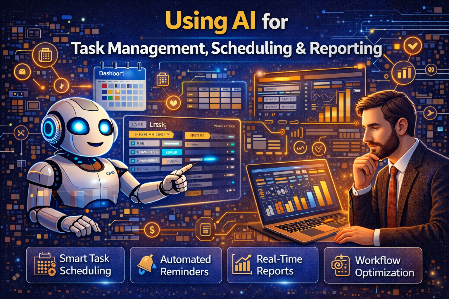 Guide-style infographic showing smart AI workflows for startups, including lead management, sales automation, customer support, marketing automation, reporting, and task management to improve efficiency.