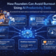 Guide-style infographic showing founders using AI productivity tools to manage tasks, automate workflows, reduce workload, improve focus, and maintain work-life balance to prevent burnout.