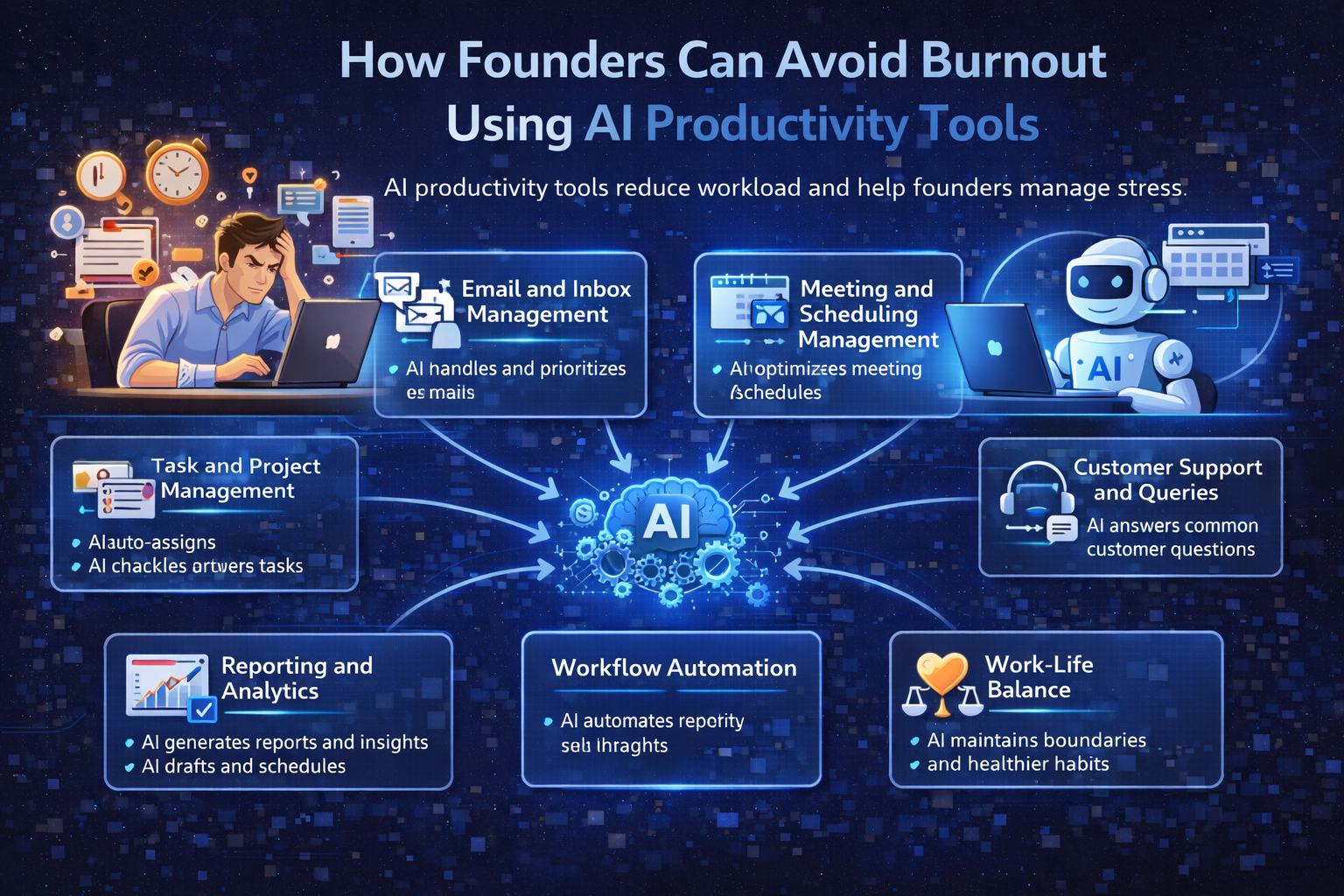 Guide-style infographic showing founders using AI productivity tools to manage tasks, automate workflows, reduce workload, improve focus, and maintain work-life balance to prevent burnout.