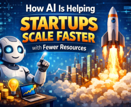 How AI is helping startups scale faster with fewer resources, shown through a friendly AI robot, growth charts, digital data, coins, and a rocket launching above a city skyline, symbolising automation, innovation, and startup growth powered by artificial intelligence.