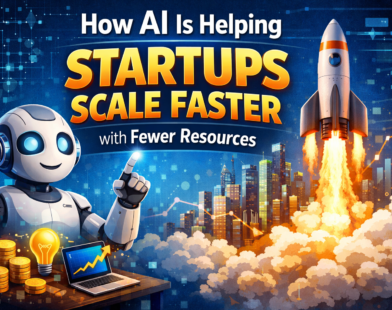 How AI is helping startups scale faster with fewer resources, shown through a friendly AI robot, growth charts, digital data, coins, and a rocket launching above a city skyline, symbolising automation, innovation, and startup growth powered by artificial intelligence.