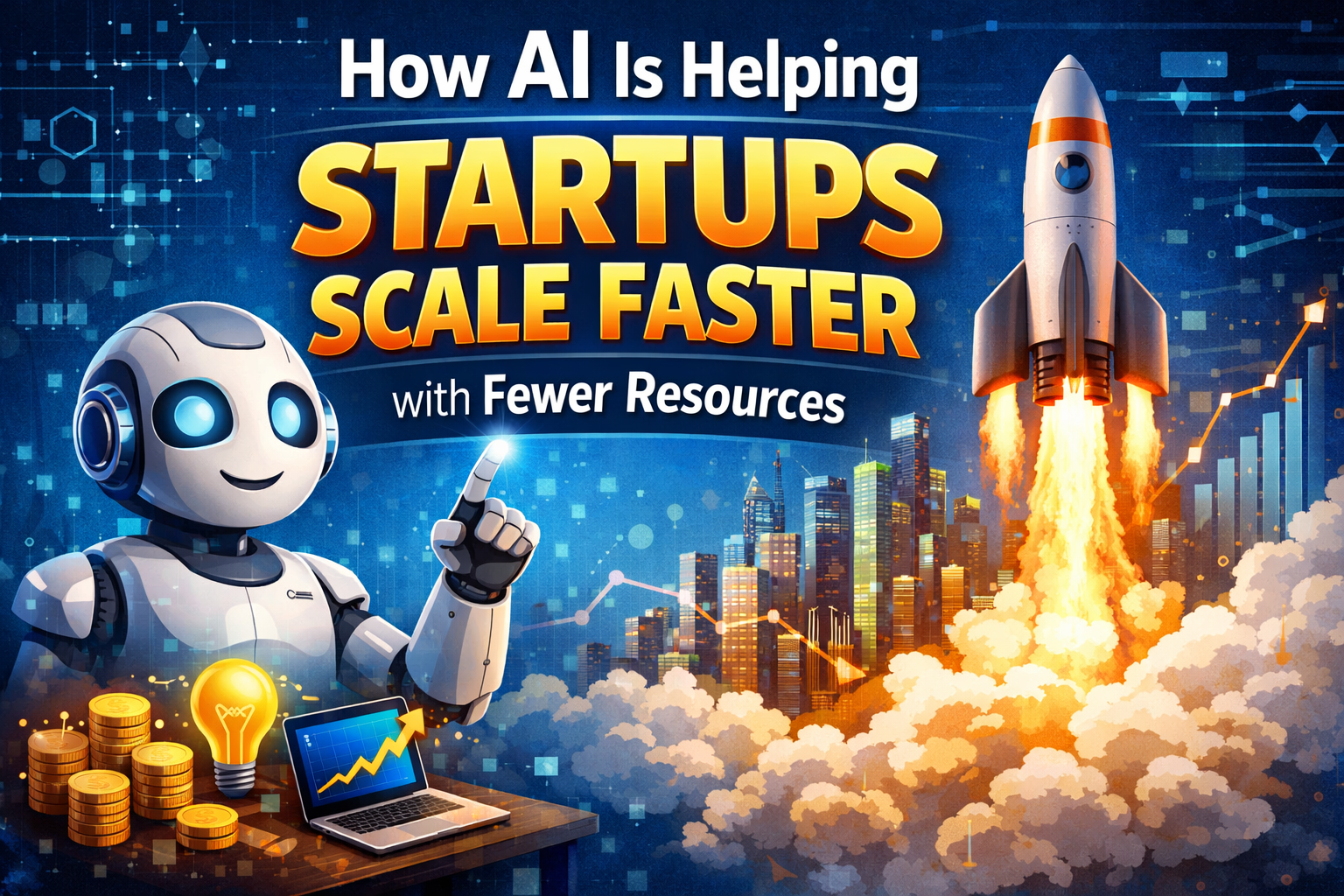 How AI is helping startups scale faster with fewer resources, shown through a friendly AI robot, growth charts, digital data, coins, and a rocket launching above a city skyline, symbolising automation, innovation, and startup growth powered by artificial intelligence.
