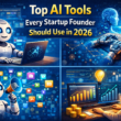 Illustration showing AI tools helping startup founders in 2026, with artificial intelligence dashboards, automation icons, data analytics, marketing graphs, and digital assistants representing productivity, growth, and smart decision-making for startups.