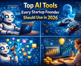 Illustration showing AI tools helping startup founders in 2026, with artificial intelligence dashboards, automation icons, data analytics, marketing graphs, and digital assistants representing productivity, growth, and smart decision-making for startups.