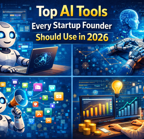 Illustration showing AI tools helping startup founders in 2026, with artificial intelligence dashboards, automation icons, data analytics, marketing graphs, and digital assistants representing productivity, growth, and smart decision-making for startups.