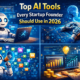Illustration showing AI tools helping startup founders in 2026, with artificial intelligence dashboards, automation icons, data analytics, marketing graphs, and digital assistants representing productivity, growth, and smart decision-making for startups.