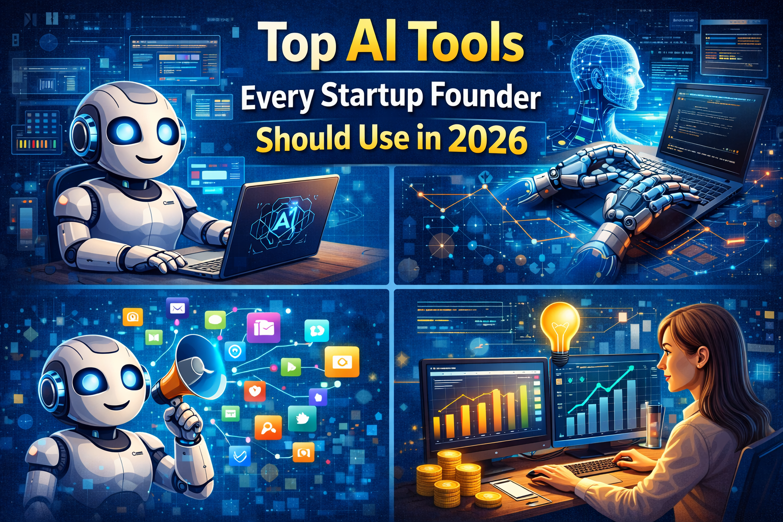 Illustration showing AI tools helping startup founders in 2026, with artificial intelligence dashboards, automation icons, data analytics, marketing graphs, and digital assistants representing productivity, growth, and smart decision-making for startups.
