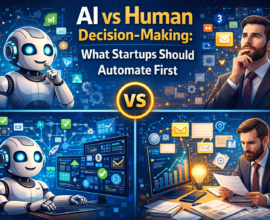 Visual comparison of AI versus human decision-making for startups, showing an AI robot analysing data and automating tasks while a startup founder reviews reports and makes strategic decisions, highlighting what startups should automate first.