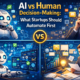 Visual comparison of AI versus human decision-making for startups, showing an AI robot analysing data and automating tasks while a startup founder reviews reports and makes strategic decisions, highlighting what startups should automate first.