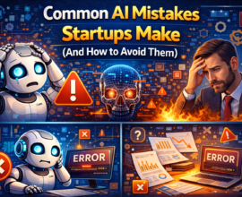 Illustration showing a startup founder facing common AI mistakes, such as wrong automation, data issues, and tool confusion, alongside warning icons and AI systems, highlighting how startups can avoid AI implementation errors.
