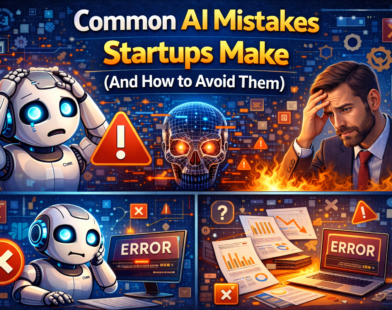 Illustration showing a startup founder facing common AI mistakes, such as wrong automation, data issues, and tool confusion, alongside warning icons and AI systems, highlighting how startups can avoid AI implementation errors.