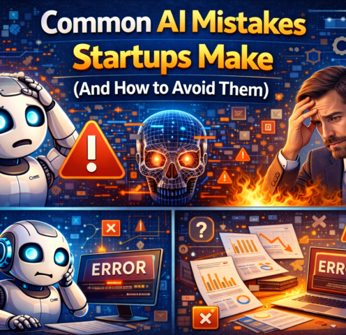 Illustration showing a startup founder facing common AI mistakes, such as wrong automation, data issues, and tool confusion, alongside warning icons and AI systems, highlighting how startups can avoid AI implementation errors.