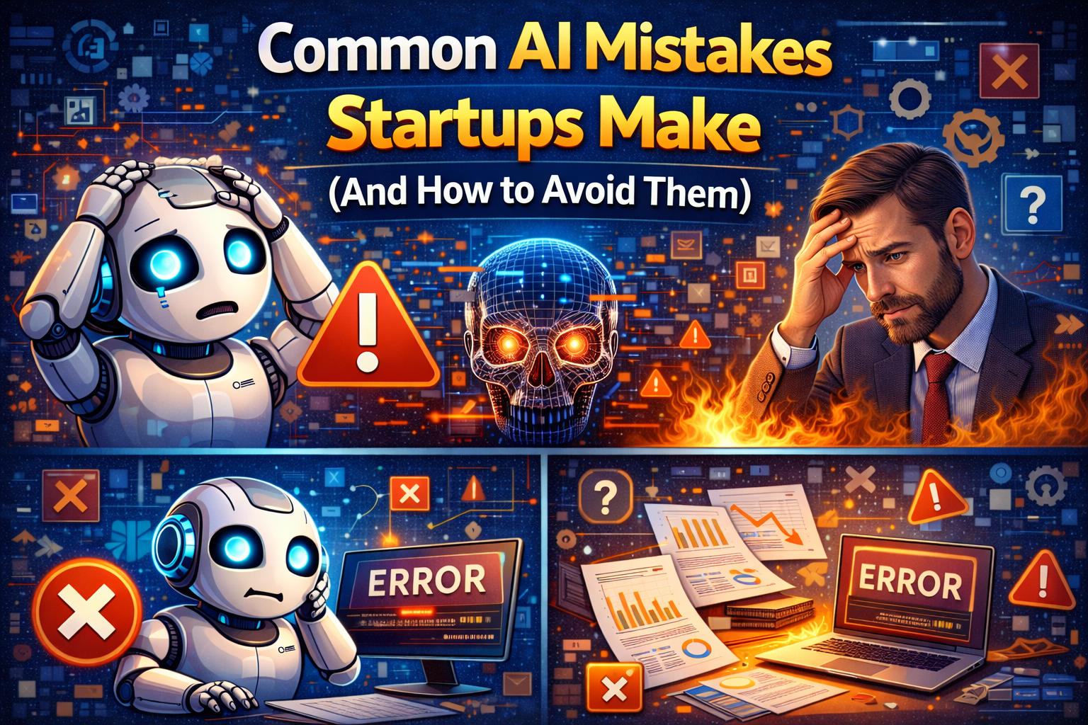 Illustration showing a startup founder facing common AI mistakes, such as wrong automation, data issues, and tool confusion, alongside warning icons and AI systems, highlighting how startups can avoid AI implementation errors.