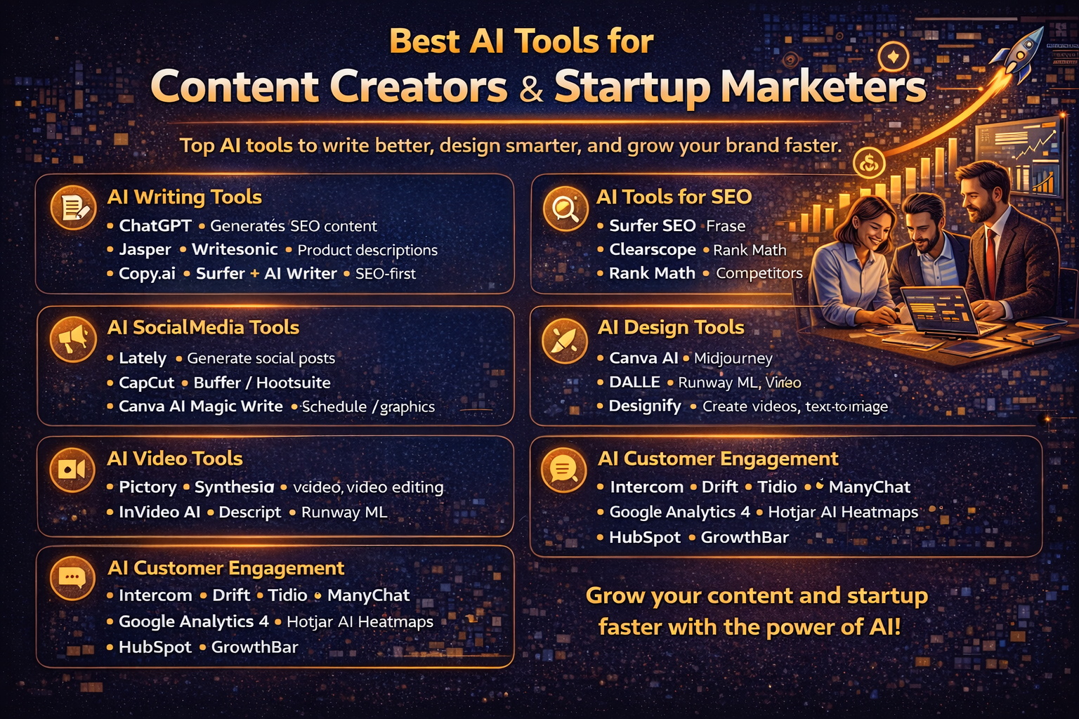 Guide-style infographic showing the best AI tools for content creators and startup marketers, categorised into writing, SEO, social media, design, video creation, customer engagement, and analytics to support faster growth.