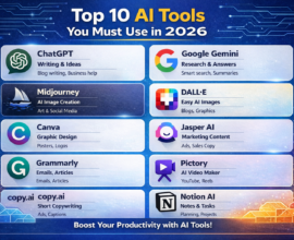 Top 10 AI tools you must use in 2026 including ChatGPT, Google Gemini, Midjourney, DALL·E, Canva, Jasper AI, Grammarly, Pictory, Copy.ai, and Notion AI for productivity and business growth