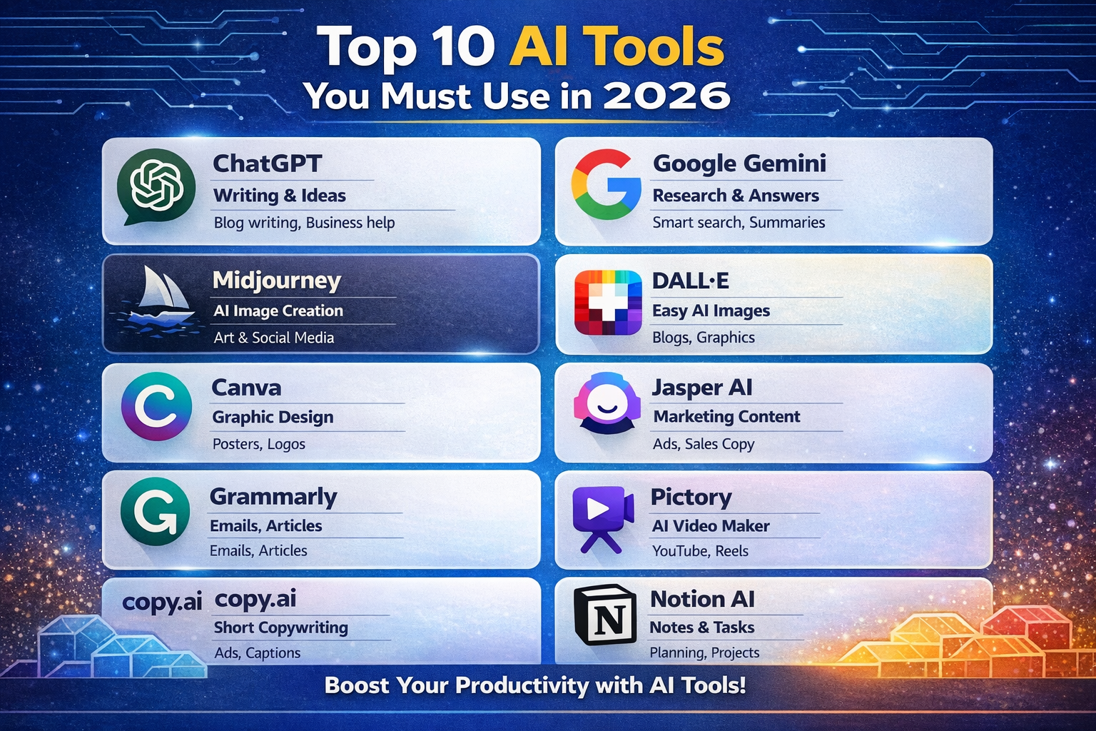 Top 10 AI tools you must use in 2026 including ChatGPT, Google Gemini, Midjourney, DALL·E, Canva, Jasper AI, Grammarly, Pictory, Copy.ai, and Notion AI for productivity and business growth