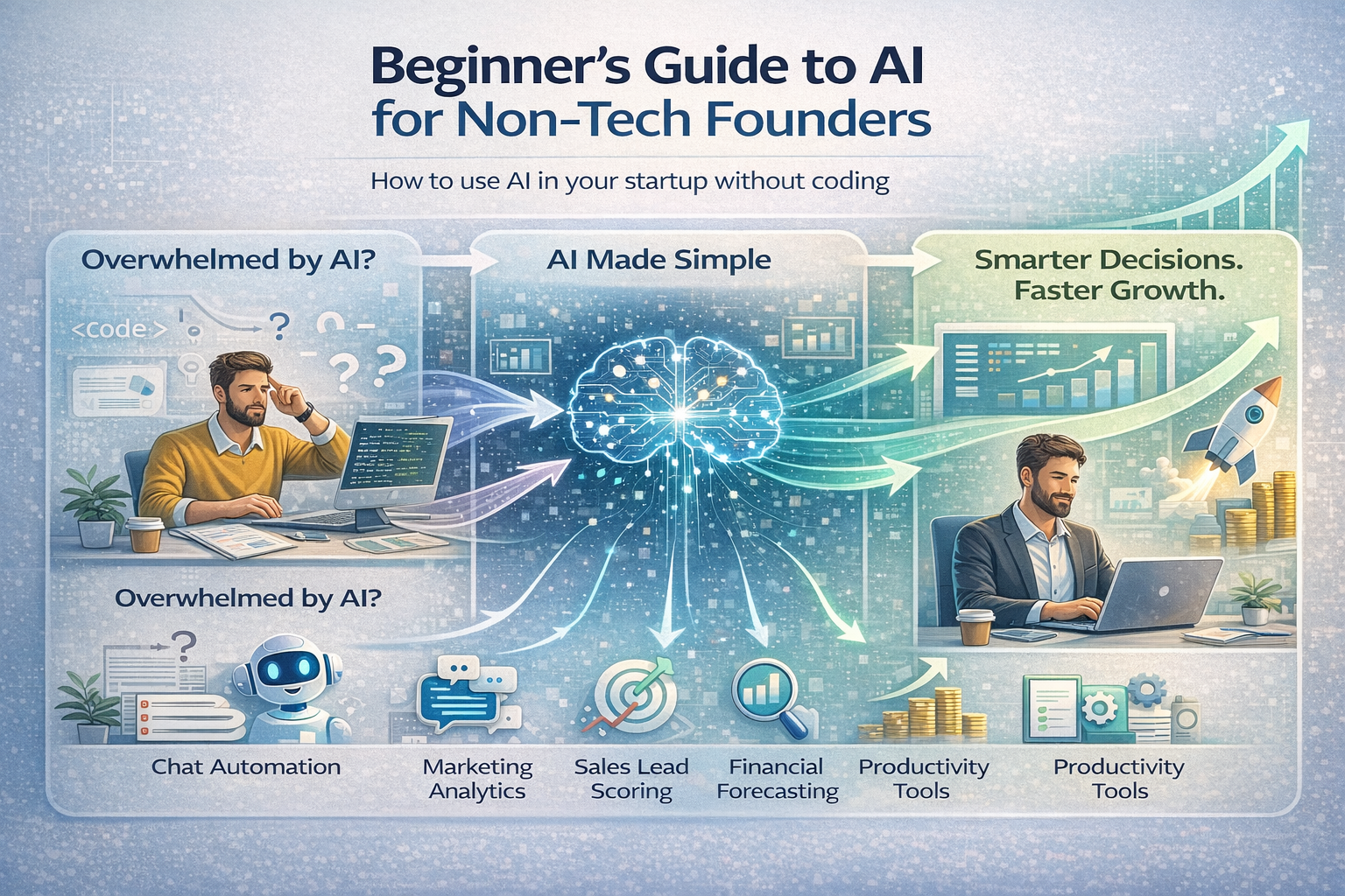 Guide-style infographic showing a learning journey for non-tech founders, moving from confusion about AI to simple AI applications like chat automation, marketing analytics, sales lead scoring, financial forecasting, and productivity tools that drive smarter decisions and growth.