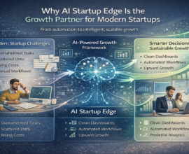 Professional infographic showing how AI Startup Edge transforms modern startup challenges like overwhelmed tasks, scattered data, rising costs, and manual workflows into smarter decisions, automated systems, clean dashboards, predictive analytics, and scalable business growth.