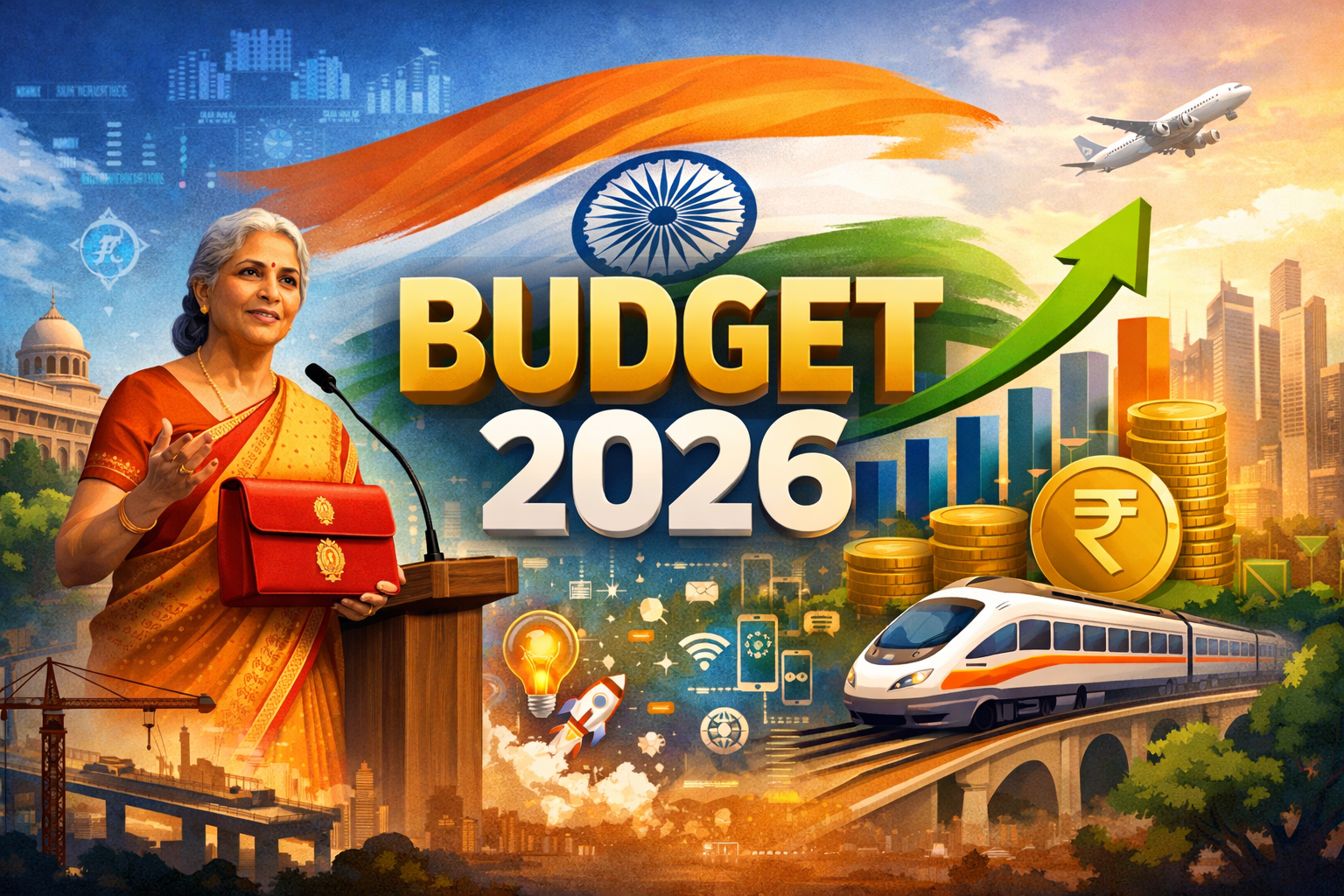 Budget 2026 highlights showing India’s economic growth, tax plans, and development focus