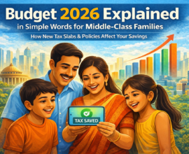 Illustration of an Indian middle-class family of four looking at a smartphone showing a 'Tax Saved' notification, with a modern Indian city skyline and rising growth graph in the background. Title: 'Budget 2026 Explained in Simple Words for Middle-Class Families' and subtitle: 'How New Tax Slabs & Policies Affect Your Savings.' Flat, professional, colorful style in an Indian context.