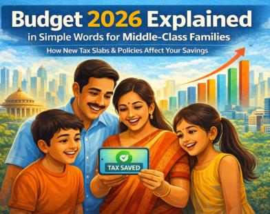 Illustration of an Indian middle-class family of four looking at a smartphone showing a 'Tax Saved' notification, with a modern Indian city skyline and rising growth graph in the background. Title: 'Budget 2026 Explained in Simple Words for Middle-Class Families' and subtitle: 'How New Tax Slabs & Policies Affect Your Savings.' Flat, professional, colorful style in an Indian context.