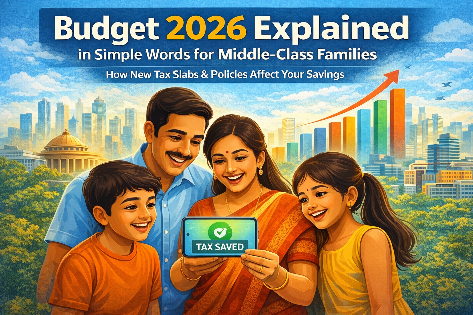 Illustration of an Indian middle-class family of four looking at a smartphone showing a 'Tax Saved' notification, with a modern Indian city skyline and rising growth graph in the background. Title: 'Budget 2026 Explained in Simple Words for Middle-Class Families' and subtitle: 'How New Tax Slabs & Policies Affect Your Savings.' Flat, professional, colorful style in an Indian context.