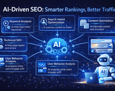 Guide-style infographic showing AI-driven SEO improving search rankings and website traffic by analysing keywords, user intent, content performance, technical SEO, and analytics through artificial intelligence.