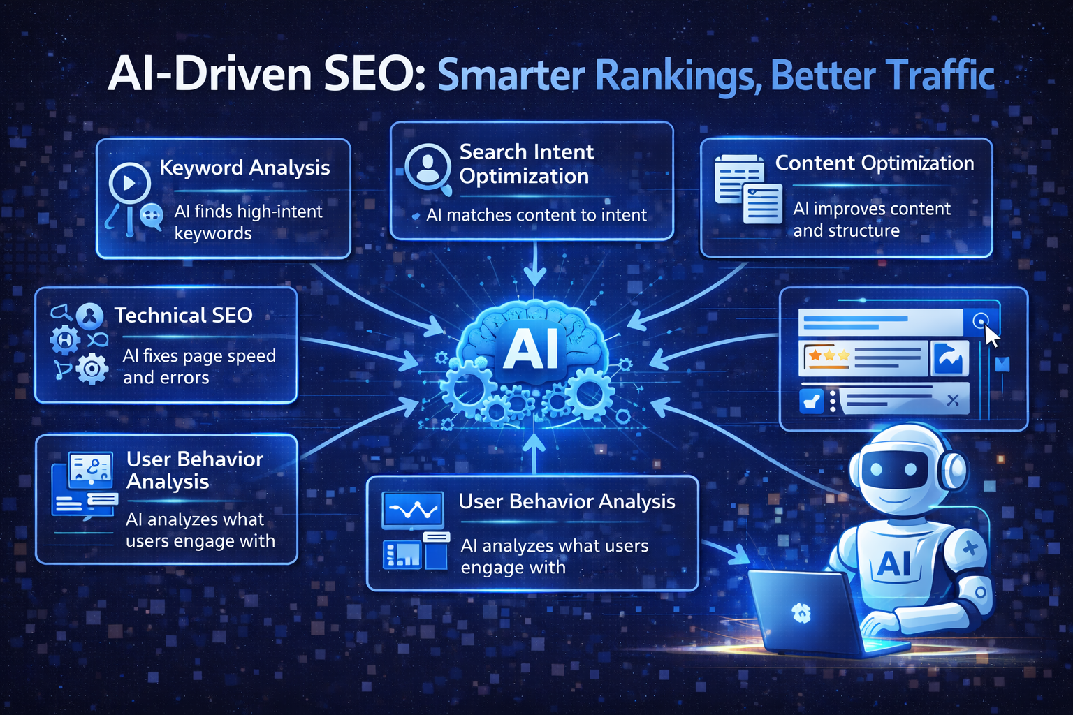 Guide-style infographic showing AI-driven SEO improving search rankings and website traffic by analysing keywords, user intent, content performance, technical SEO, and analytics through artificial intelligence.