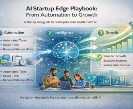 Create a modern, guide-style infographic titled “AI Startup Edge Playbook: From Automation to Growth”. The image should visually explain a step-by-step journey showing how startups move from basic automation to intelligent decision-making and finally to scalable business growth using AI. Design Concept: A clean, professional, tech-focused illustration that shows a clear progression path from left to right, representing the AI growth journey.