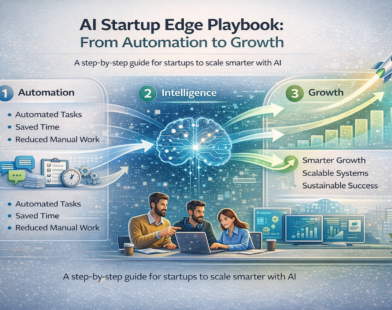 Create a modern, guide-style infographic titled “AI Startup Edge Playbook: From Automation to Growth”. The image should visually explain a step-by-step journey showing how startups move from basic automation to intelligent decision-making and finally to scalable business growth using AI. Design Concept: A clean, professional, tech-focused illustration that shows a clear progression path from left to right, representing the AI growth journey.