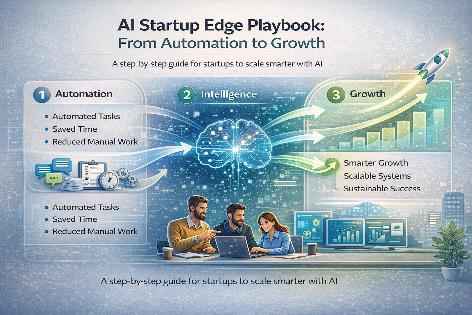 Create a modern, guide-style infographic titled “AI Startup Edge Playbook: From Automation to Growth”. The image should visually explain a step-by-step journey showing how startups move from basic automation to intelligent decision-making and finally to scalable business growth using AI. Design Concept: A clean, professional, tech-focused illustration that shows a clear progression path from left to right, representing the AI growth journey.