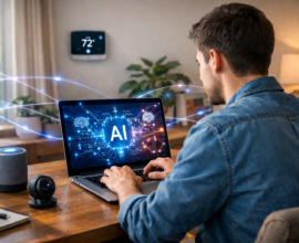 Person using a laptop with AI interface in a modern smart home with smart speaker and thermostat visible.