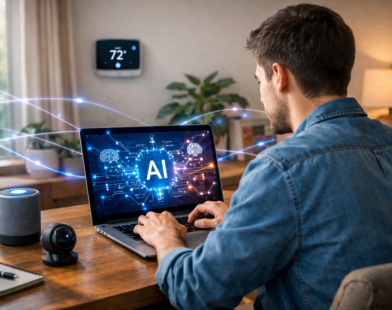 Person using a laptop with AI interface in a modern smart home with smart speaker and thermostat visible.