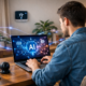 Person using a laptop with AI interface in a modern smart home with smart speaker and thermostat visible.