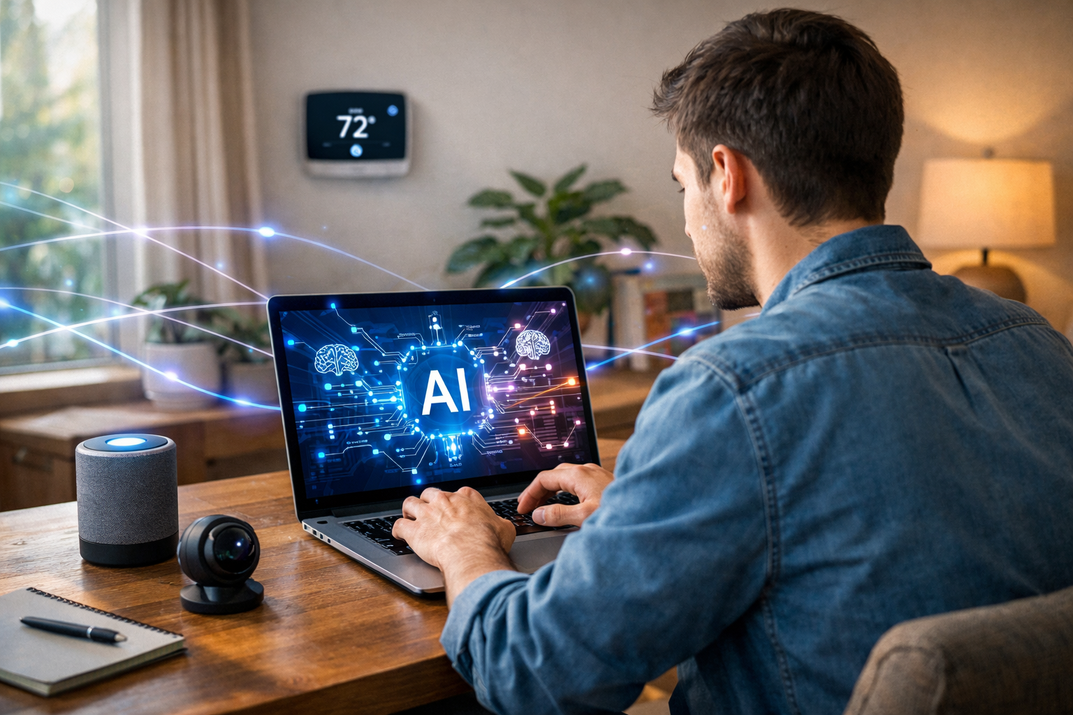 Person using a laptop with AI interface in a modern smart home with smart speaker and thermostat visible.