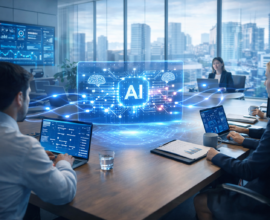 Modern corporate office with professionals working on laptops around a conference table, featuring a glowing holographic AI interface displaying data analytics and automation dashboards, with city skyline visible through glass windows.