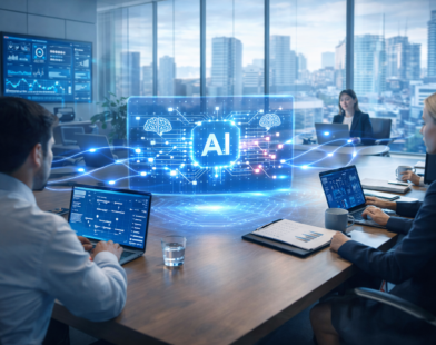 Modern corporate office with professionals working on laptops around a conference table, featuring a glowing holographic AI interface displaying data analytics and automation dashboards, with city skyline visible through glass windows.