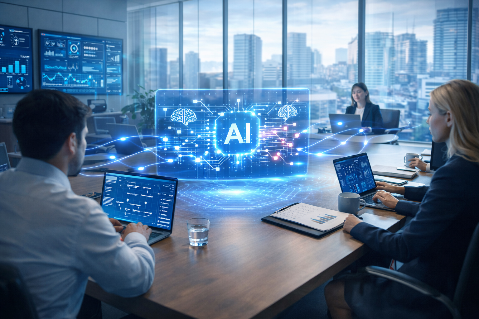 Modern corporate office with professionals working on laptops around a conference table, featuring a glowing holographic AI interface displaying data analytics and automation dashboards, with city skyline visible through glass windows.