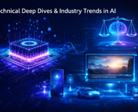 Futuristic AI-themed illustration showing a glowing quantum processor, an AI brain balanced on digital scales, a generative video screen from text prompt, and smart devices connected through Edge AI in neon blue and purple tones.