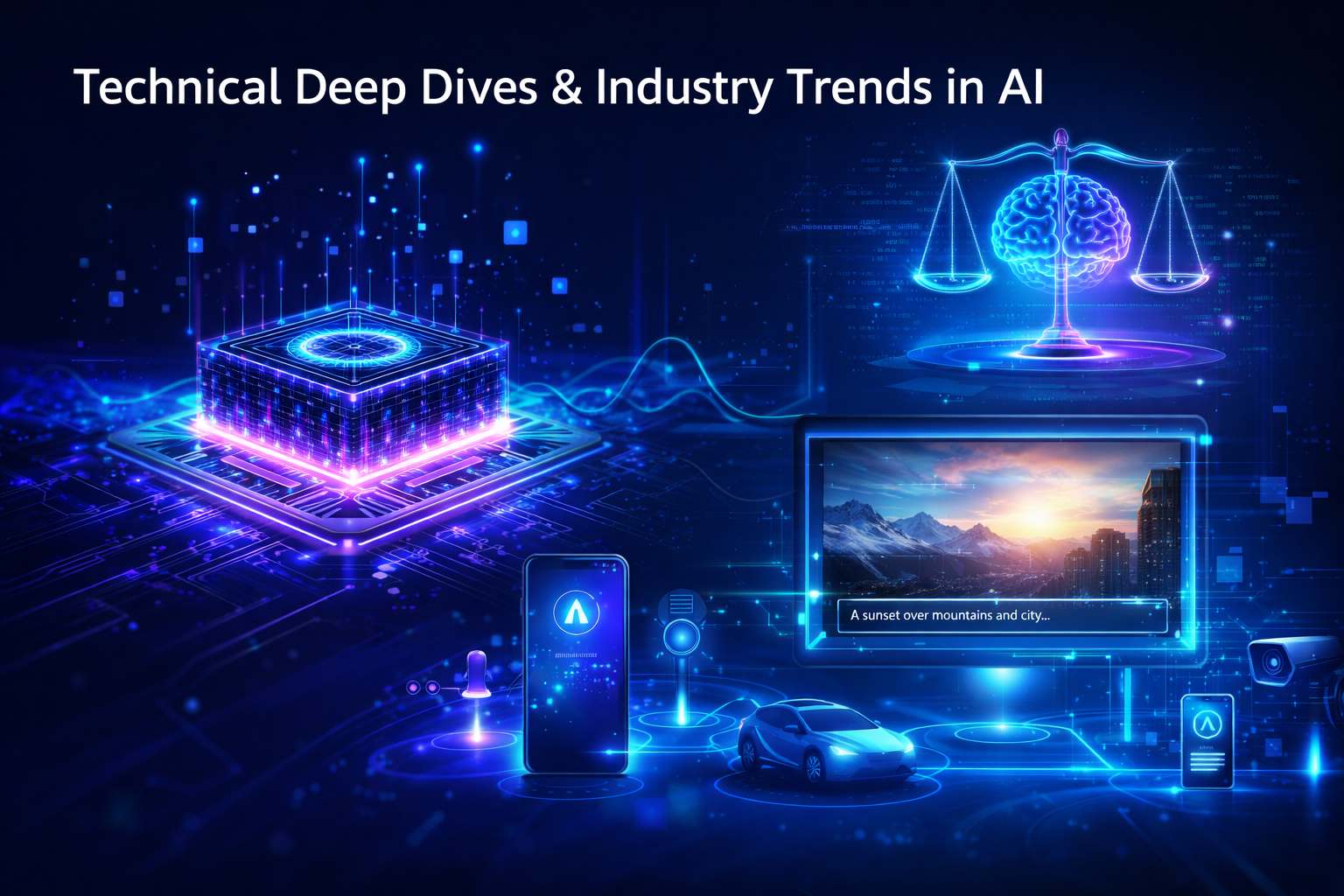 Futuristic AI-themed illustration showing a glowing quantum processor, an AI brain balanced on digital scales, a generative video screen from text prompt, and smart devices connected through Edge AI in neon blue and purple tones.