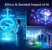 Futuristic illustration showing AI in healthcare ethics, NFT digital ownership, and environmental impact of AI with data centers and renewable energy.